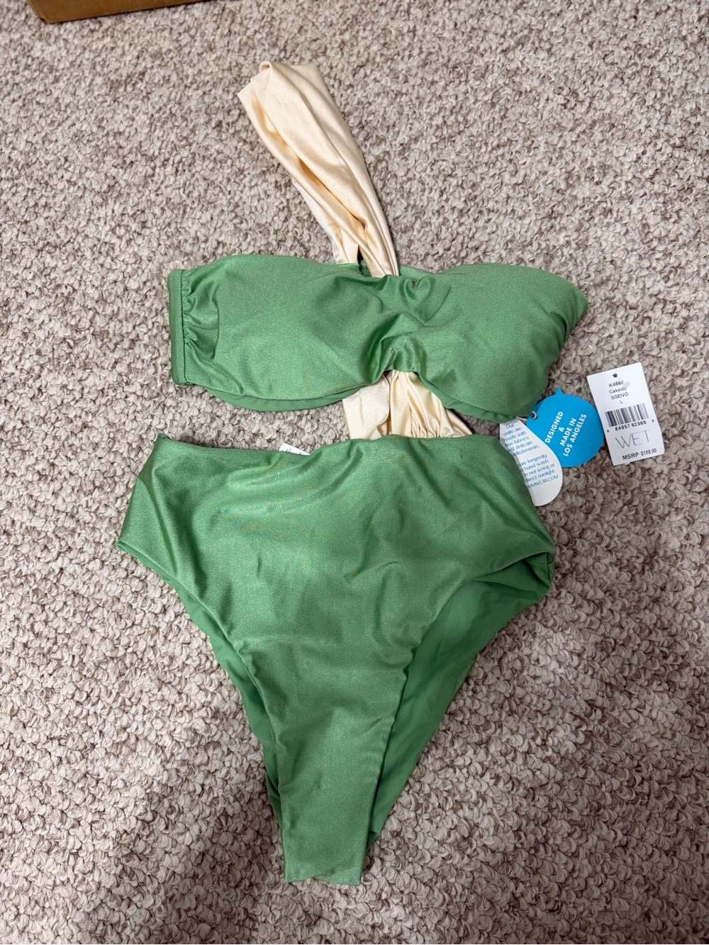 Green and Cream High-Waist One-Piece Swimsuit